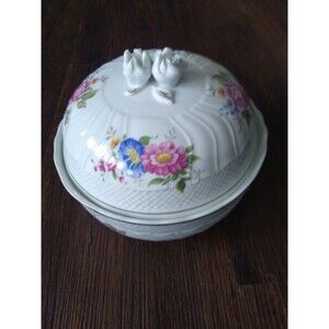 Vintage Hollohaza Hungarian Porcelain Lidded Floral Candy Trinket Dish  3D Rose